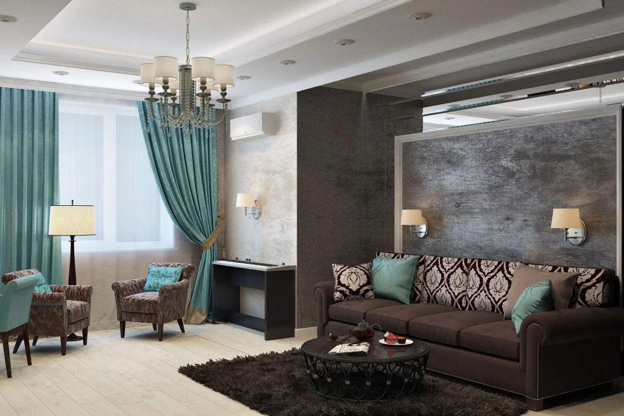 Dokulu duvar kaplaması ve kademeli tavanı olan bir salon